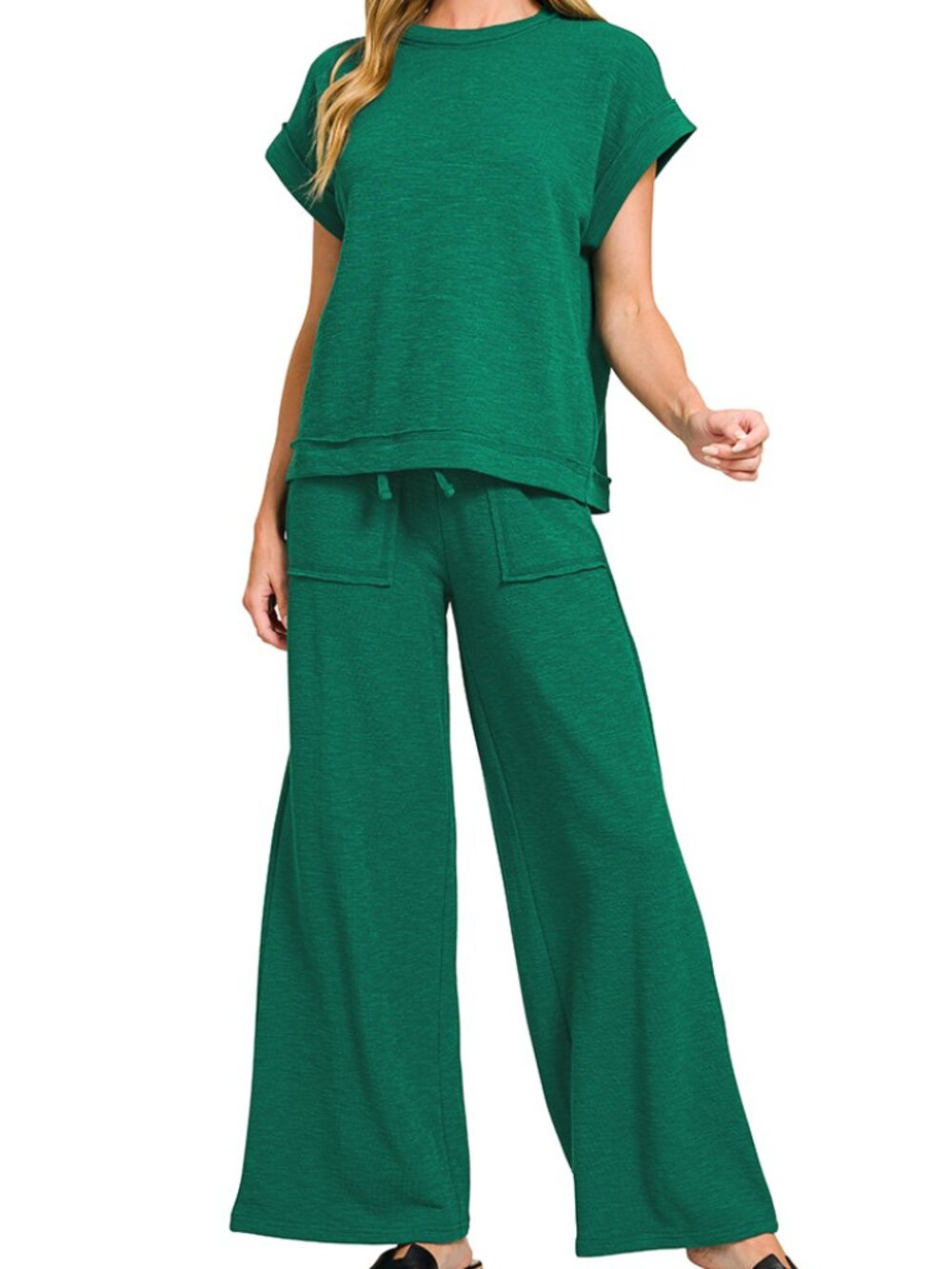 Slub Short Sleeve Tee & Long Pants Set in Hunter Green